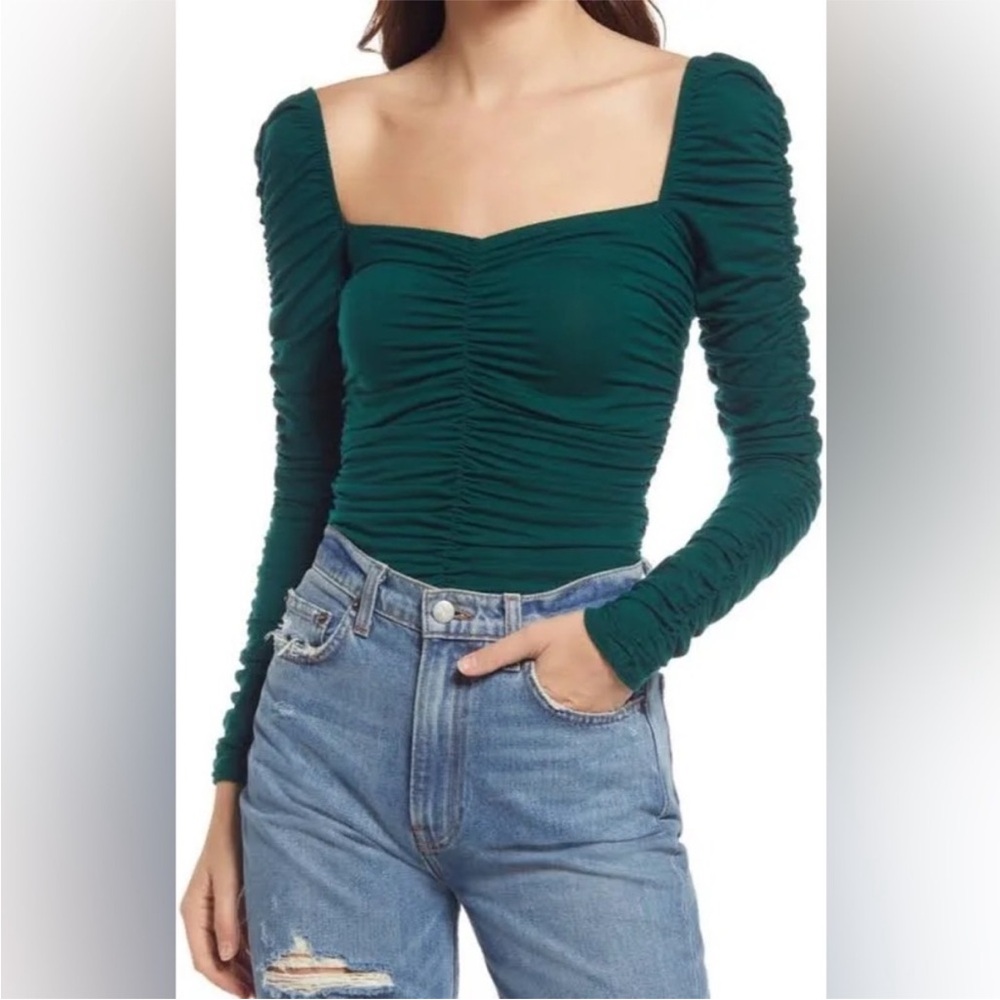 Reformation Forest Green Ruched Blouse